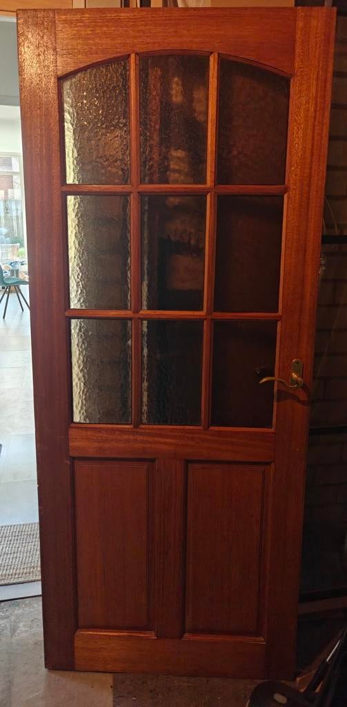 Oude hardhouten deur met enkelglas, scharnieren en beslag, Ophalen, Gebruikt, 80 tot 100 cm, Binnendeur