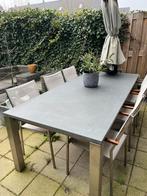 Luxe RVS tuintafel met granieten blad en zes RVS stoelen, Ophalen, Gebruikt, Rvs