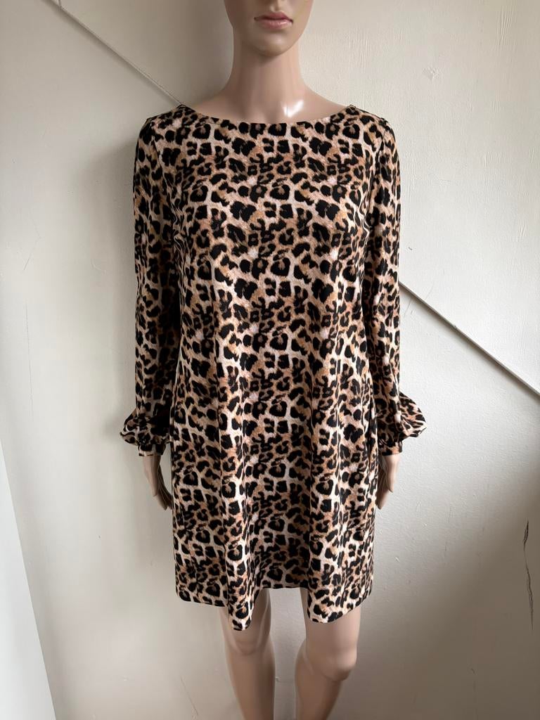 Ladress travelstof jurk maat S panterprint bruin zwart, Kleding | Dames, Jurken, Maat 38/40 (M), Bruin, Ophalen of Verzenden, Zo goed als nieuw