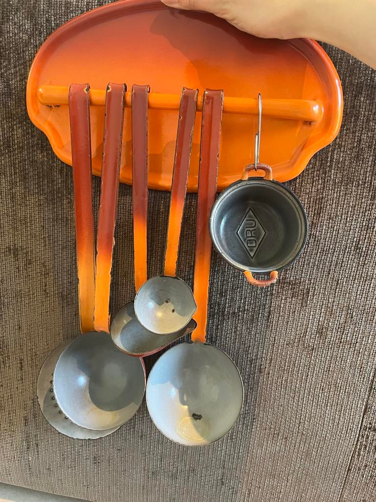 Vintage DRU Holland Keukengerei Set - Oranje Emaille, Ophalen of Verzenden, Metaal, Overige merken, Oranje