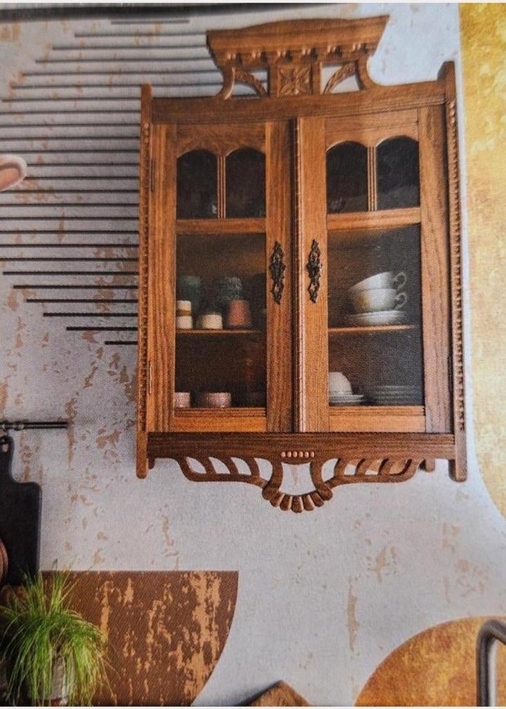 Vintage Brocante houten vitrinekastje, kastje, glas deurtjes, Ophalen, Vintage, Hout, Landelijk