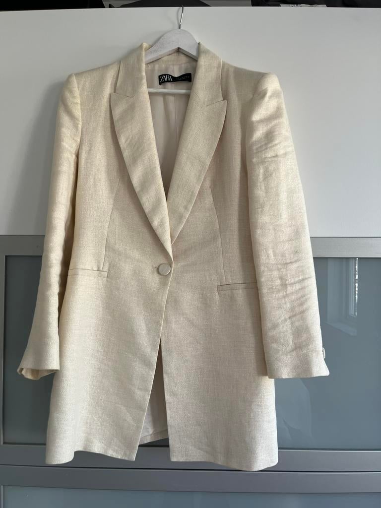 Linnen colbert met lichte glitter, maat L, Beige, Maat 42/44 (L), Ophalen of Verzenden, Zo goed als nieuw