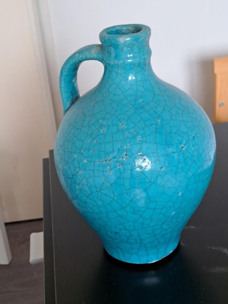Decoratieve turquoise stenen vaas/kruik met craquelé, Ophalen
