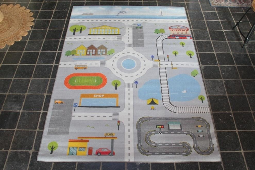 Leuk vloerkleed speelkleed Pleun autoweg grijs 160x230 cm., Ophalen, 150 tot 200 cm, Grijs, Rechthoekig