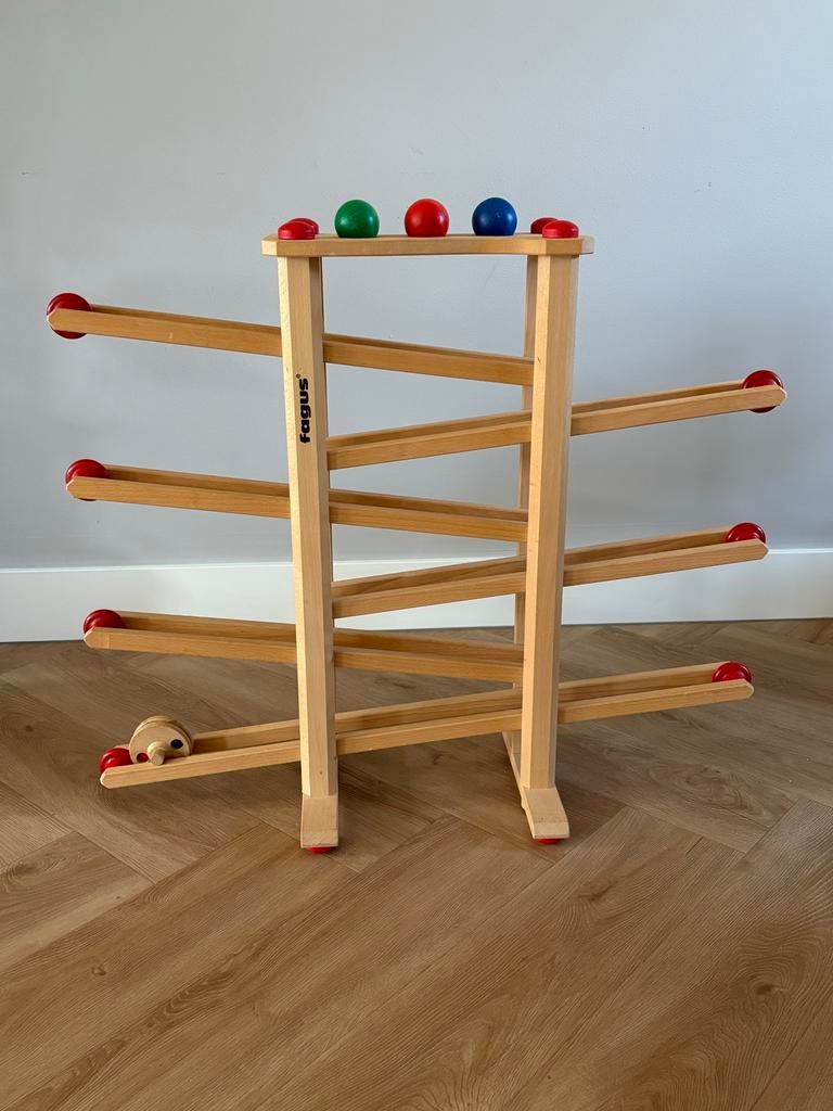 Fagus houten knikkerbaan met ballen en wiel, Kinderen en Baby's, Speelgoed | Houten speelgoed, Ophalen, Gebruikt, Overige typen