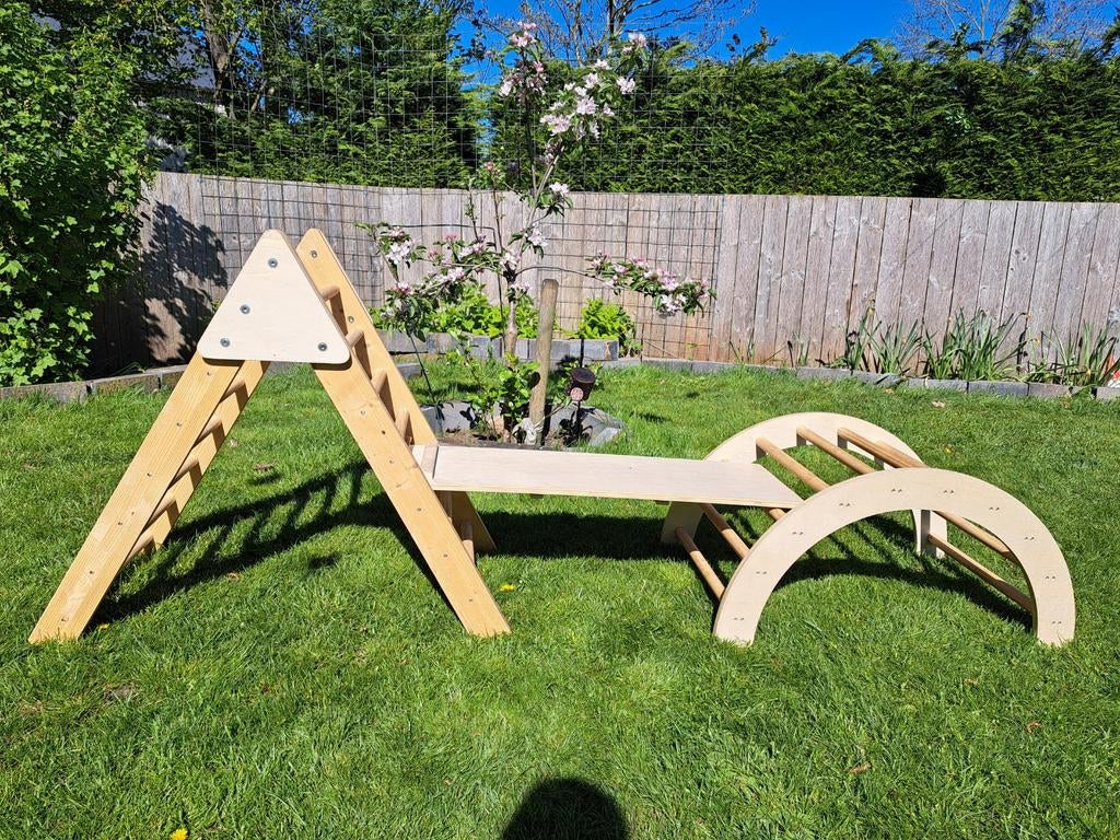 Houten Klimrek met Klimboog, Klimdriehoek en Glijplank, Ophalen, Gebruikt, Klimwand