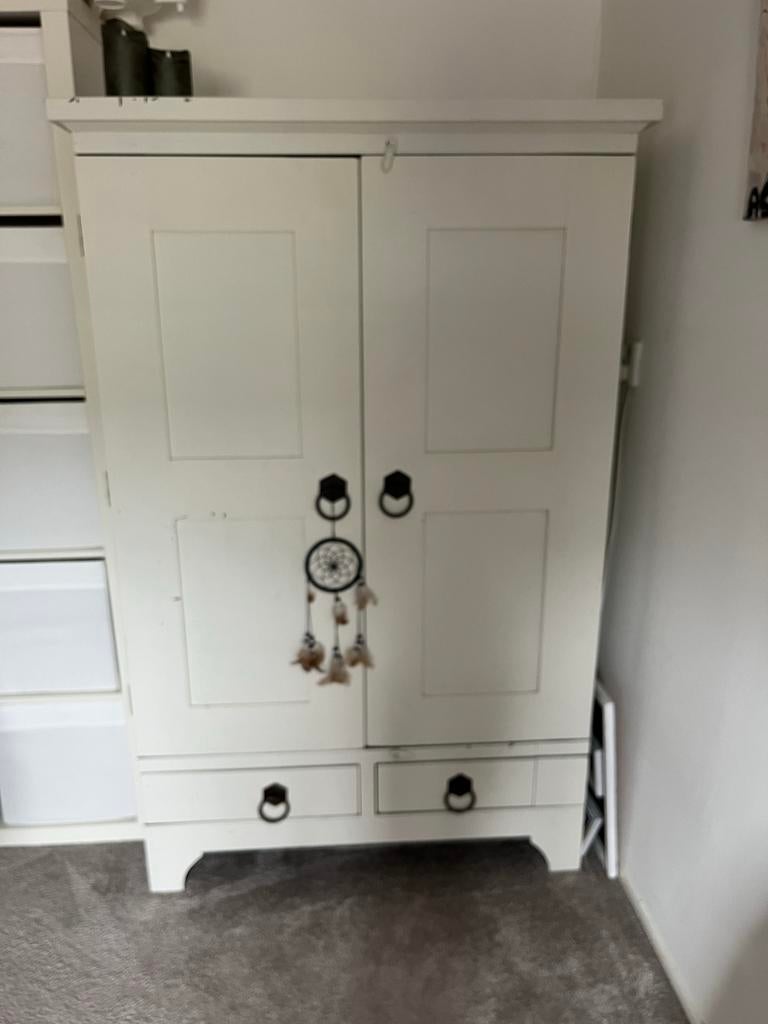 Witte kolonials computerkast met twee lades, Huis en Inrichting, Ophalen, Gebruikt, 70 tot 120 cm, 120 tot 170 cm