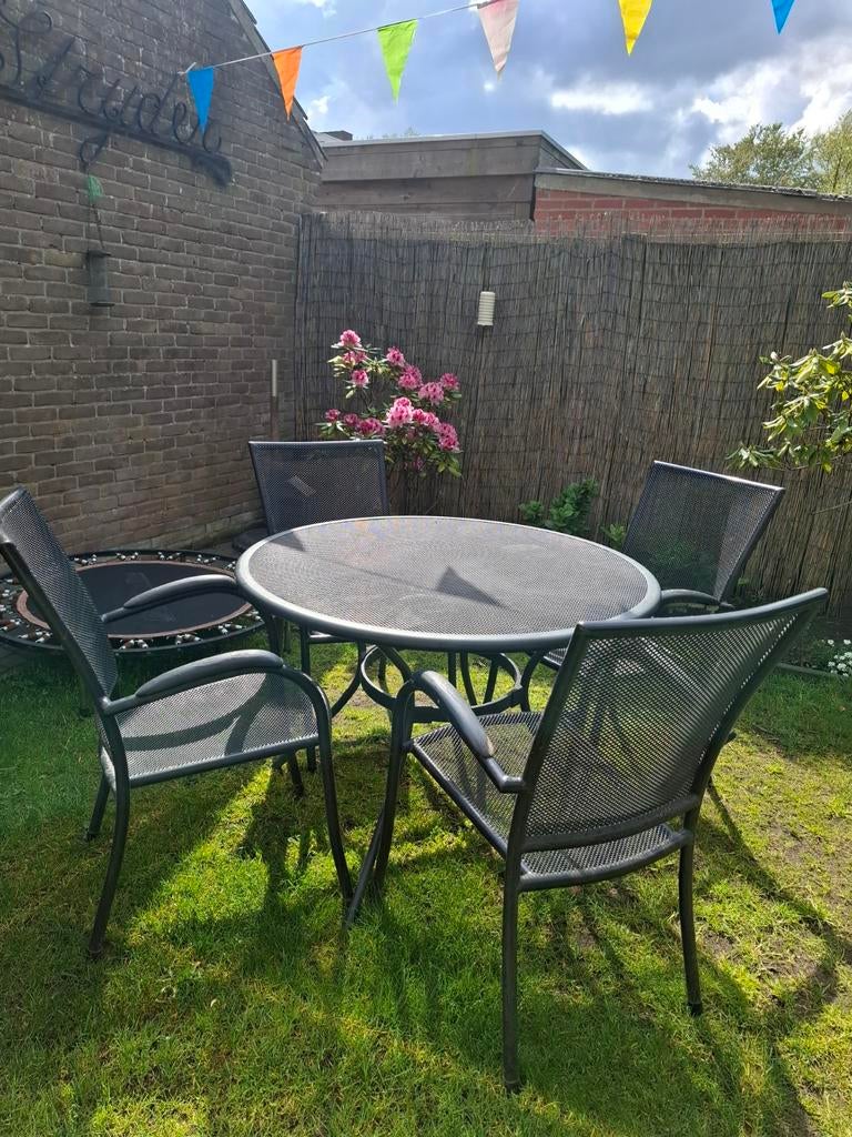 Metalen tuinset met ronde tafel en 4 stoelen, Tuin en Terras, Tuinsets en Loungesets, Ophalen, Gebruikt, Tuinset, Eettafel