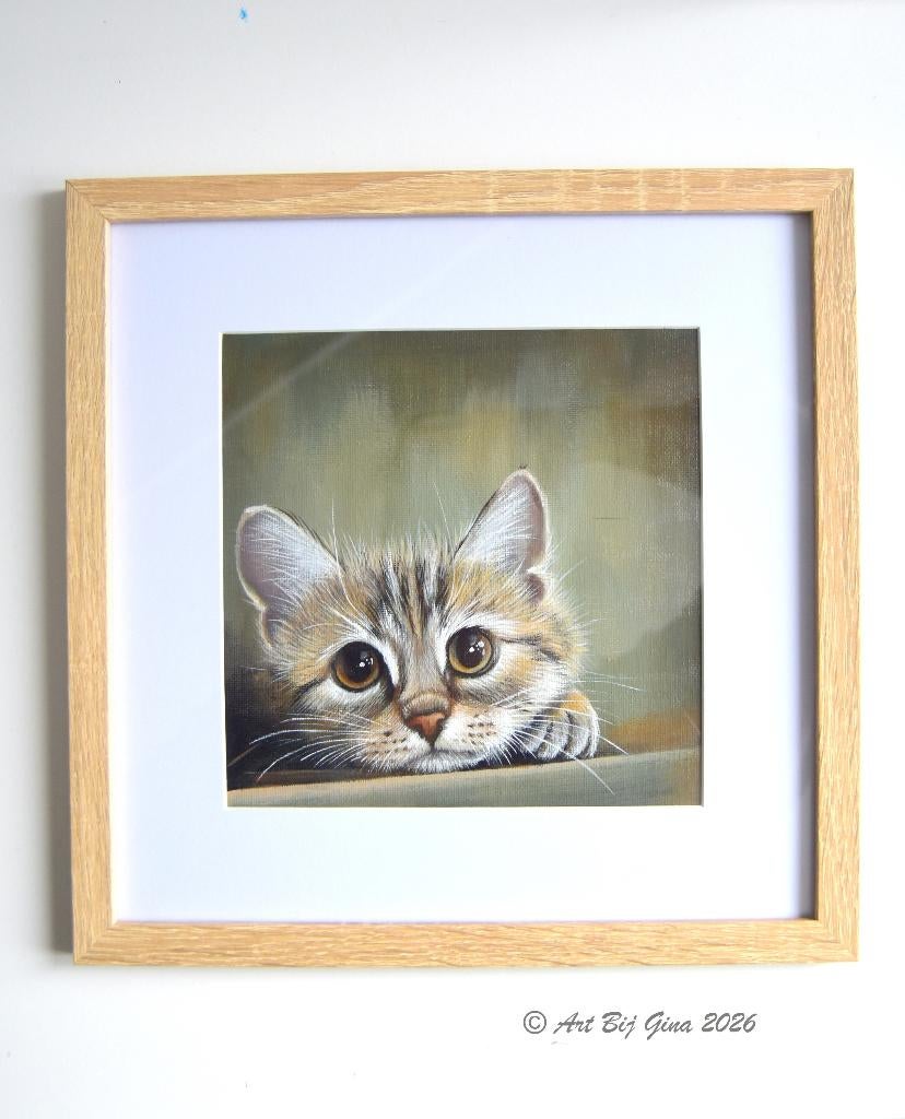 Kitten op de loer... Acrylverf op canvas in een mooie lijst, Ophalen of Verzenden