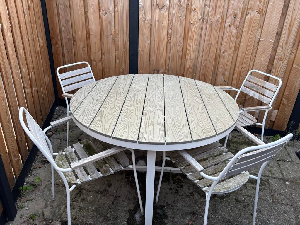 Tuinset met ronde tafel en 4 stoelen - Gebruikt, Ophalen, 4 zitplaatsen, Gebruikt, Eettafel