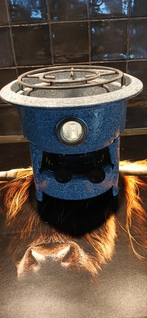 Nieuw grijs gewolkt 2-pits petroleumstel in doos + lonten, Antiek en Kunst, Antiek | Emaille, Ophalen of Verzenden