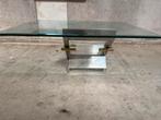 Vintage design salontafel – dik glas, acryl & messing, Ophalen, Gebruikt, 50 tot 100 cm, Glas