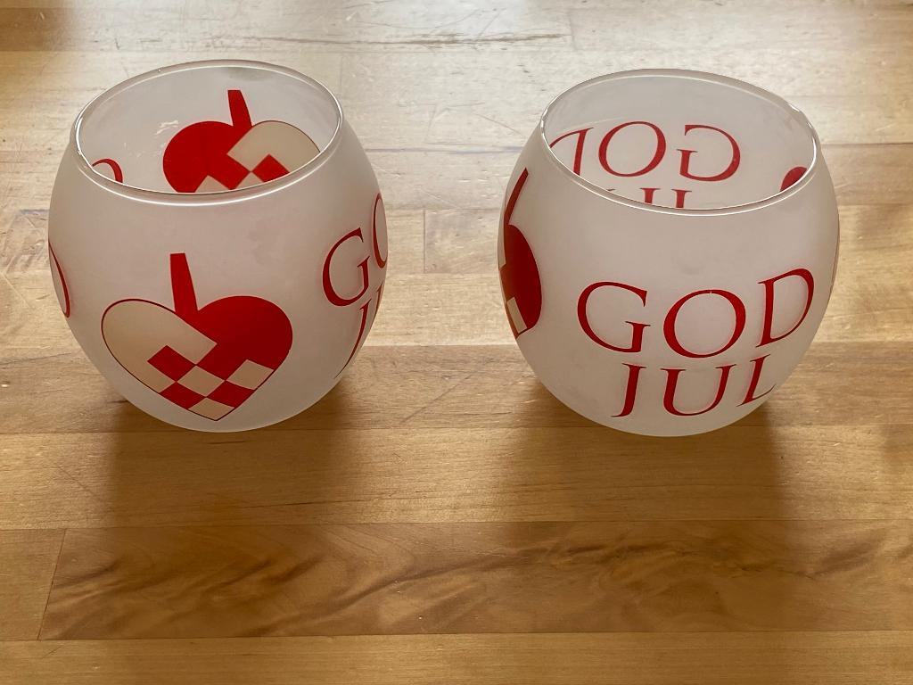 Zweedse Kerst 2 glas God Jul & gevlochten hart theelichtjes, Ophalen of Verzenden, Zo goed als nieuw