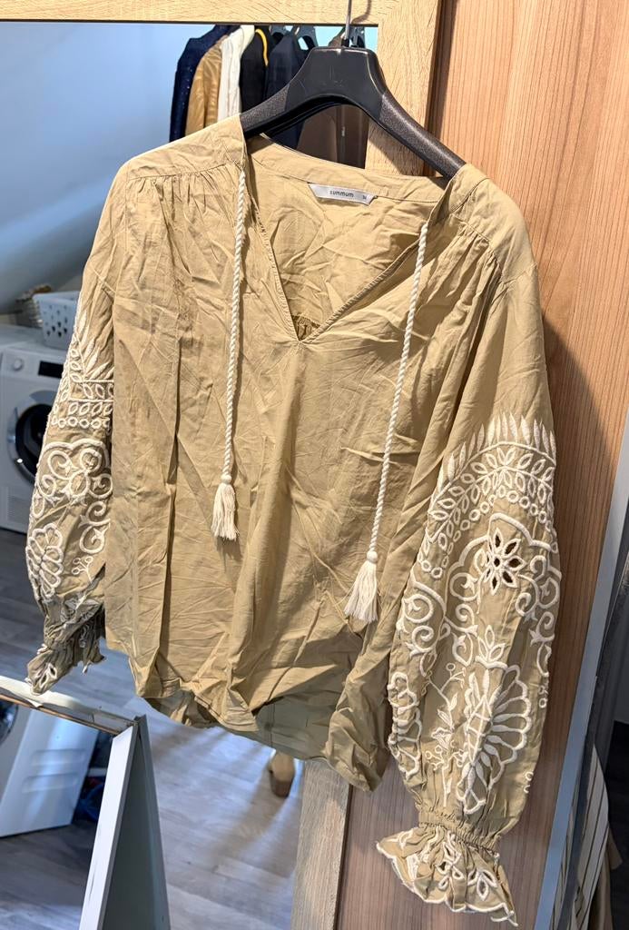 Khaki groene pofmouw blouse Summum, Kleding | Dames, Blouses en Tunieken, Ophalen of Verzenden, Zo goed als nieuw, Maat 36 (S)