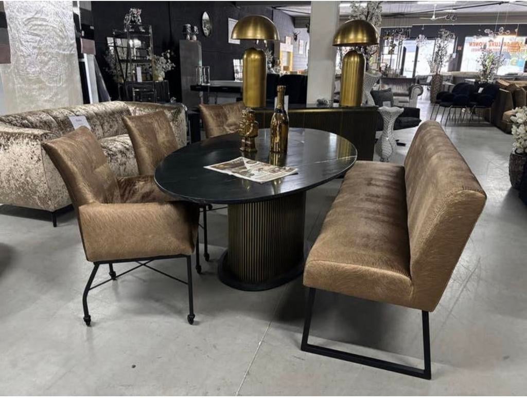 Luxe Eettafel Set: 3 Stoelen & Eetbank, Ophalen, Zo goed als nieuw, Stof