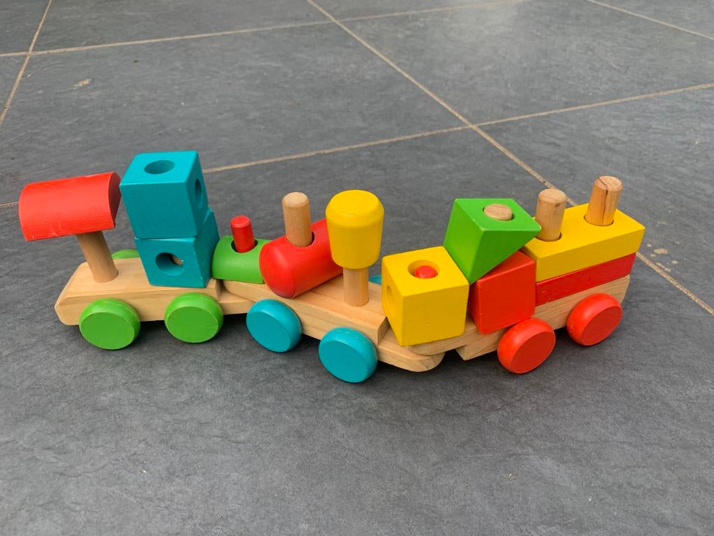 Houten stapeltrein met gekleurde blokken, Ophalen of Verzenden, Gebruikt, Duw- of Trekspeelgoed