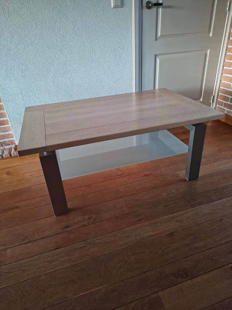 Salontafel met eiken blad, glazen plateau en aluminium poten, Huis en Inrichting, Ophalen, Zo goed als nieuw, Glas