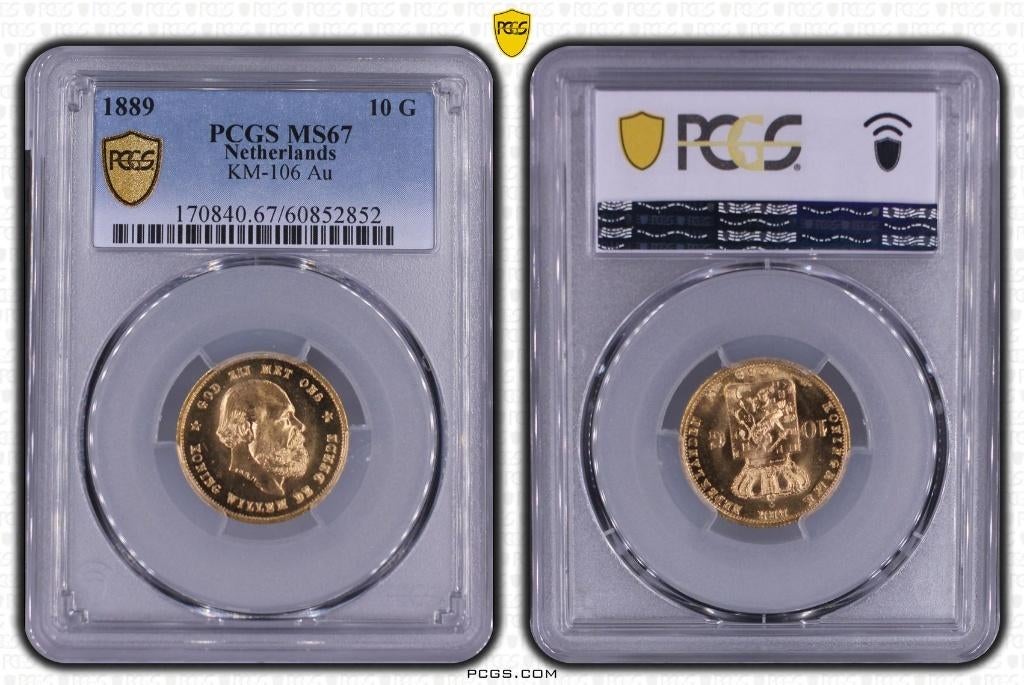 Nederland - 10 Gulden 1889 in PCGS MS67, Postzegels en Munten, Munten | Nederland, Koning Willem III, Losse munt, 10 gulden, Goud