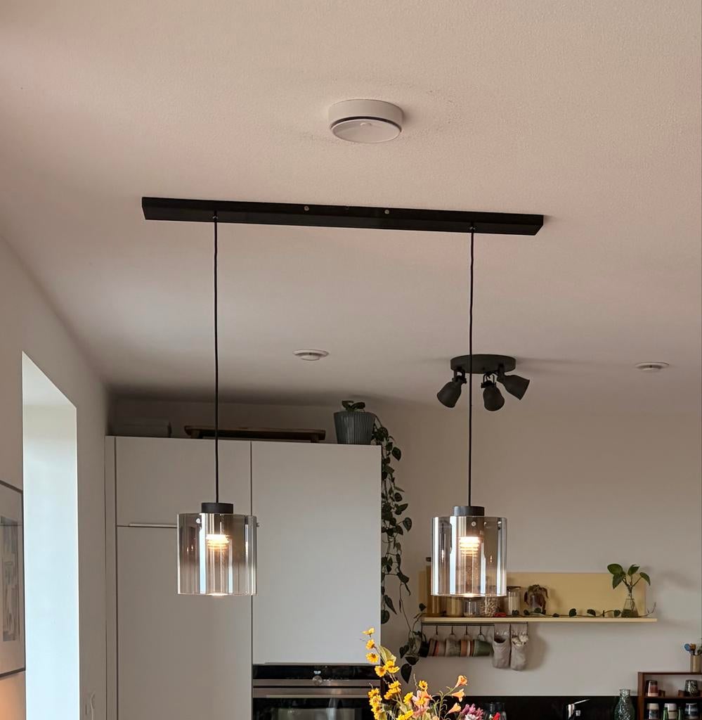 Stijlvolle hanglamp met rookglas en 2 lichtpunten, Ophalen, Zo goed als nieuw, Glas, 75 cm of meer