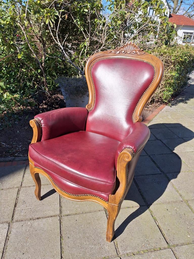 Mooie barok fauteuil met rood leer, Ophalen, Gebruikt, Barok, 75 tot 100 cm
