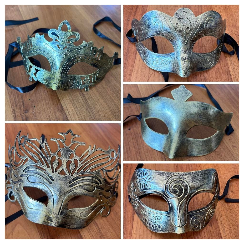 Set van 5 Venetiaanse Maskers Goudkleurig - Feest & Carnaval, Verzenden, Nieuw, Overige typen