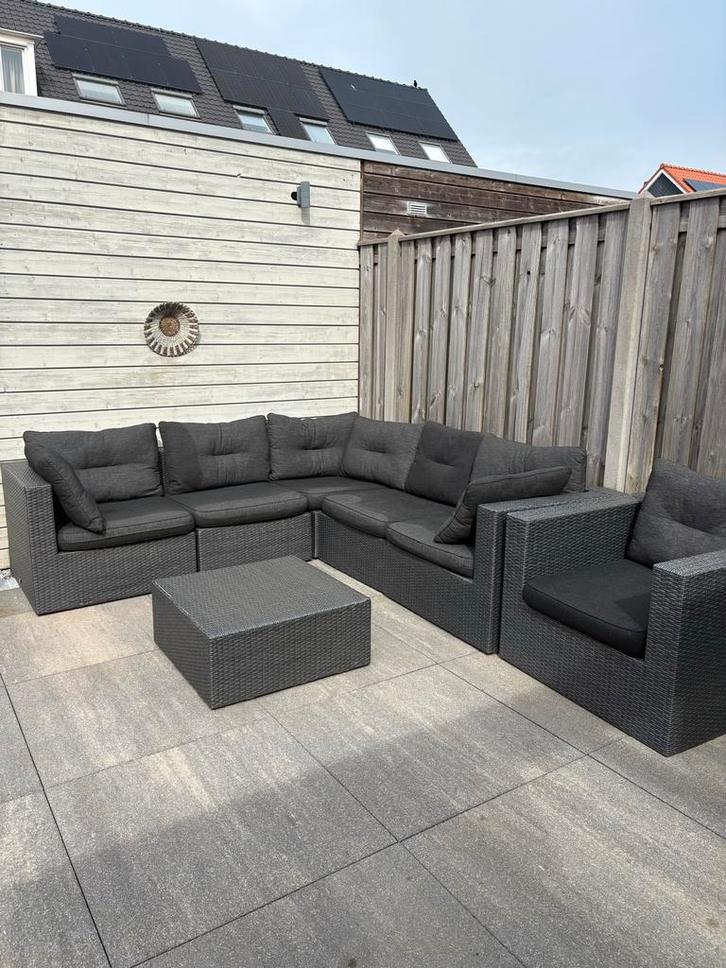 Tierra Outdoor Loungeset Zwart/Grijs - Hoekbank & Stoel, Tuin en Terras, Tuinsets en Loungesets, Gebruikt, Loungeset, Wicker, 5 zitplaatsen