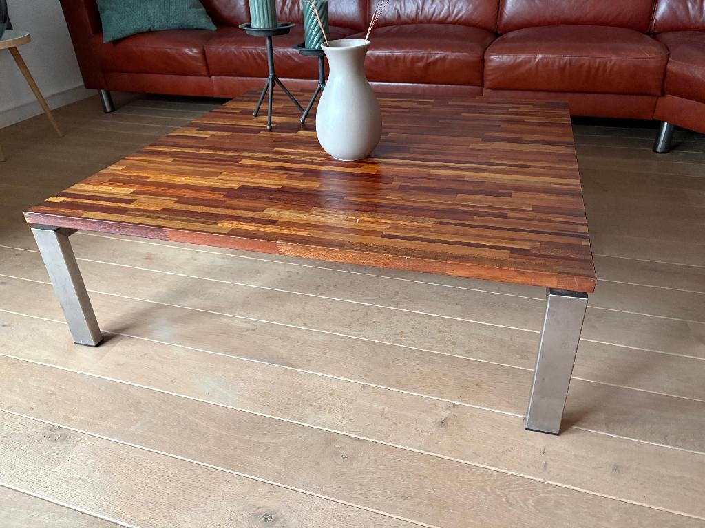 Salontafel 110x110 cm mixedwood/RVS T.E.A.B., Huis en Inrichting, Tafels | Salontafels, Zo goed als nieuw, Minder dan 50 cm, 100 tot 150 cm