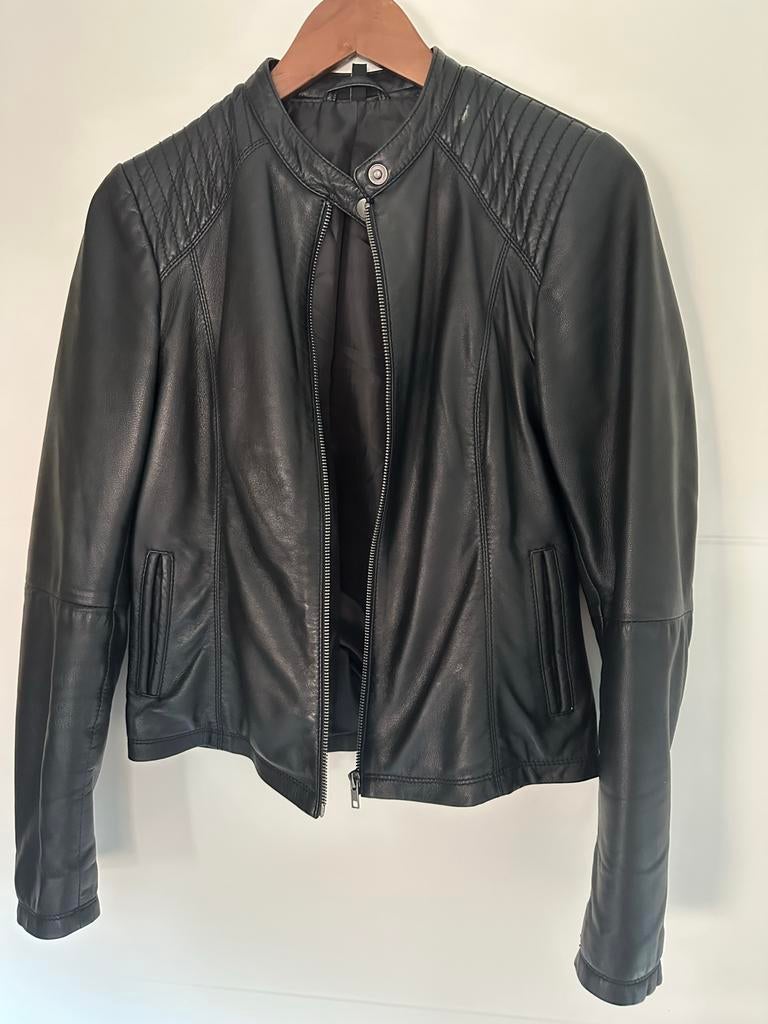 Zwart echt leren jasje HEMA maat 36 (S), Ophalen of Verzenden, Zo goed als nieuw, Maat 36 (S), Zwart