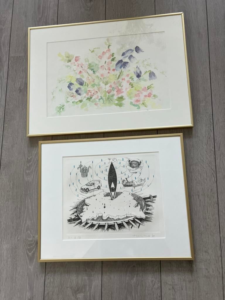 2 goudkleurige aluminium  lijsten aquarel en ets, Ophalen of Verzenden