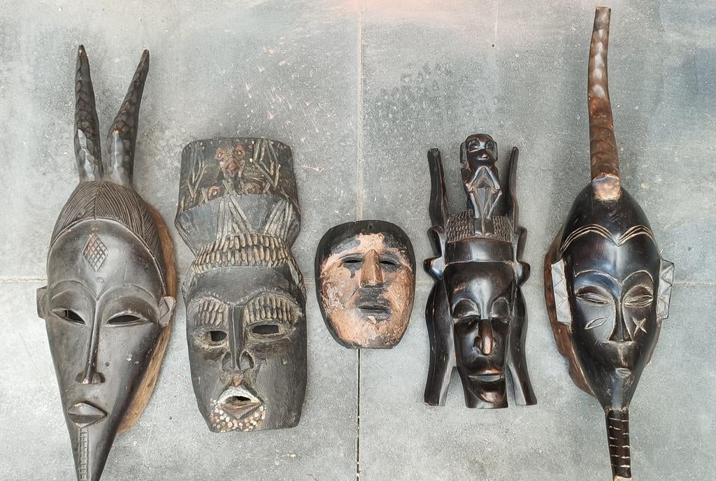 5 Afrikaanse tribale houten maskers, Ophalen of Verzenden