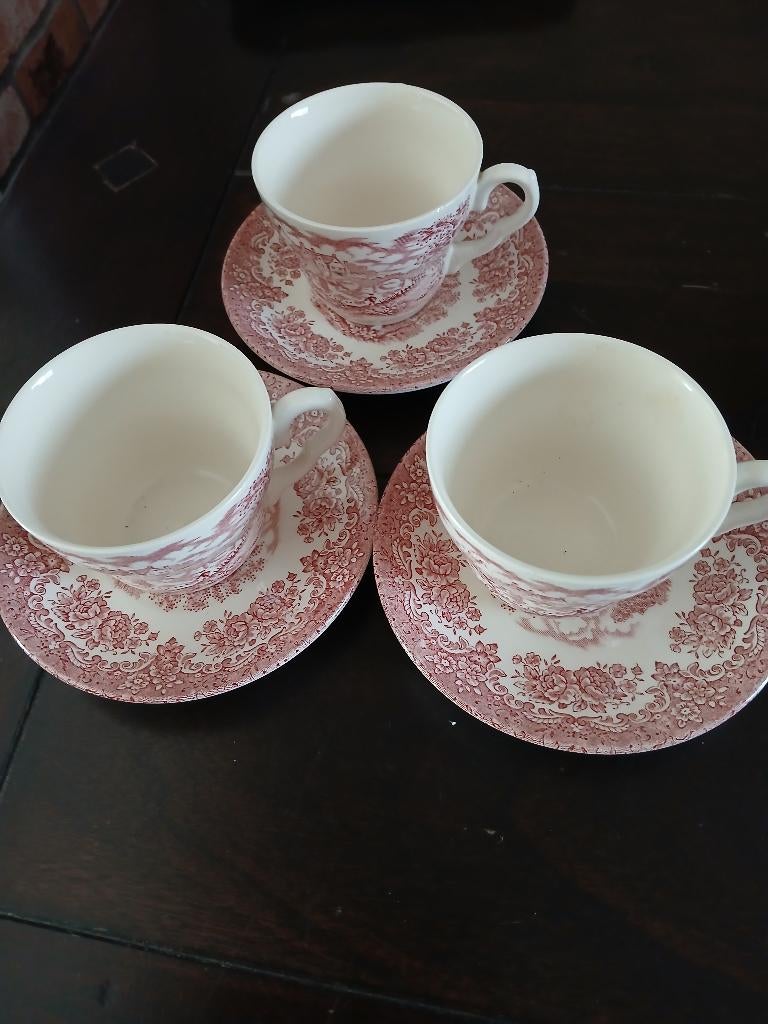 Antiek Staffordshire theekopjes met schotels, rood, 3st, Ophalen of Verzenden