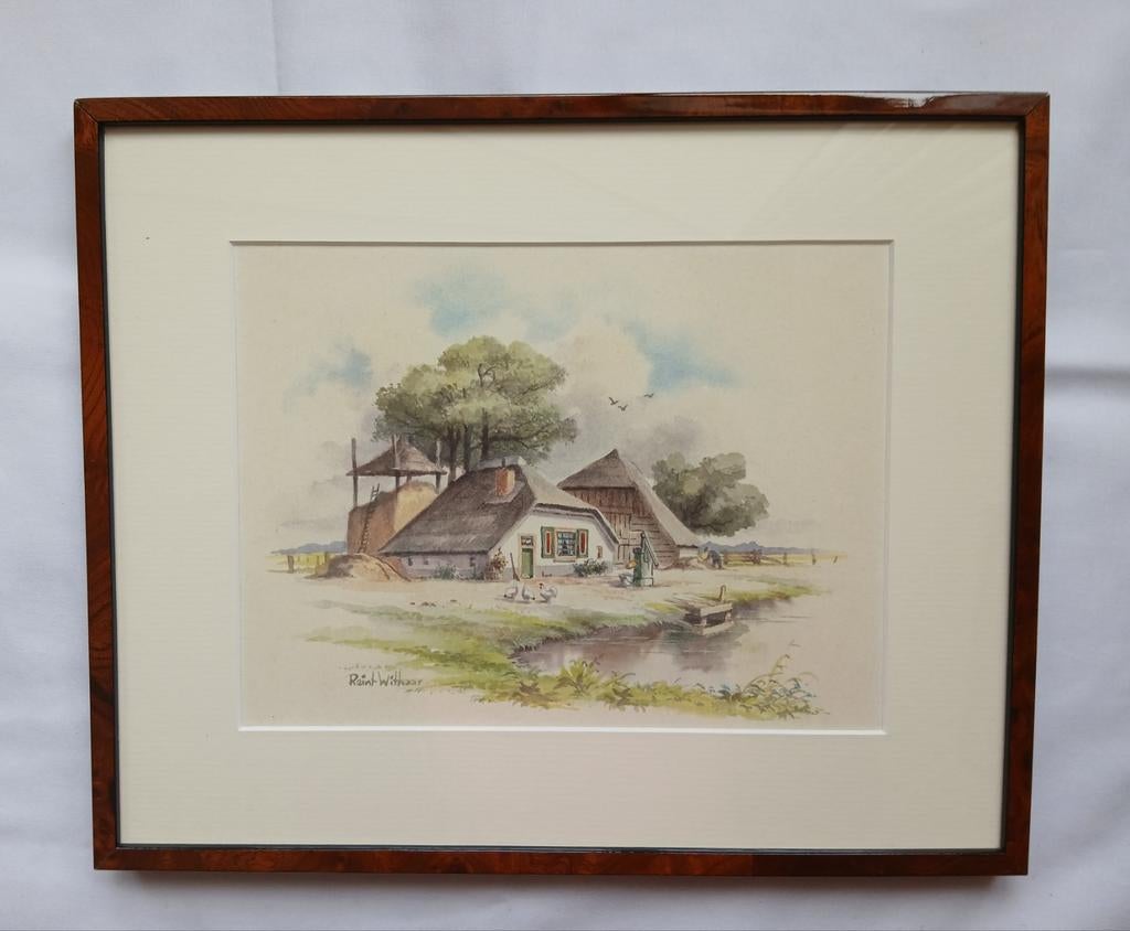 Aquarel Reint Withaar - Hollands Landschap met Boerderij, Antiek en Kunst, Kunst | Schilderijen | Klassiek, Ophalen of Verzenden