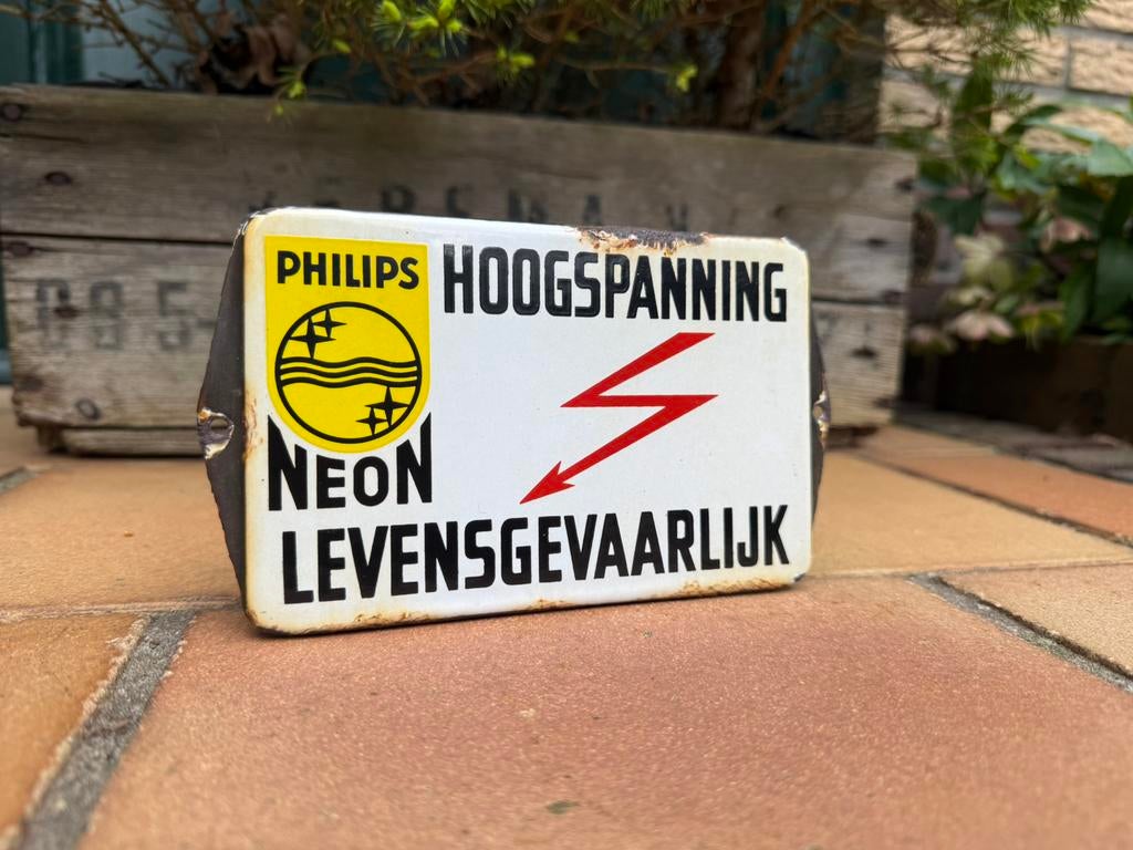 Oud emaille reclame bordje philips eindhoven hoogspanning, Ophalen of Verzenden, Gebruikt, Reclamebord