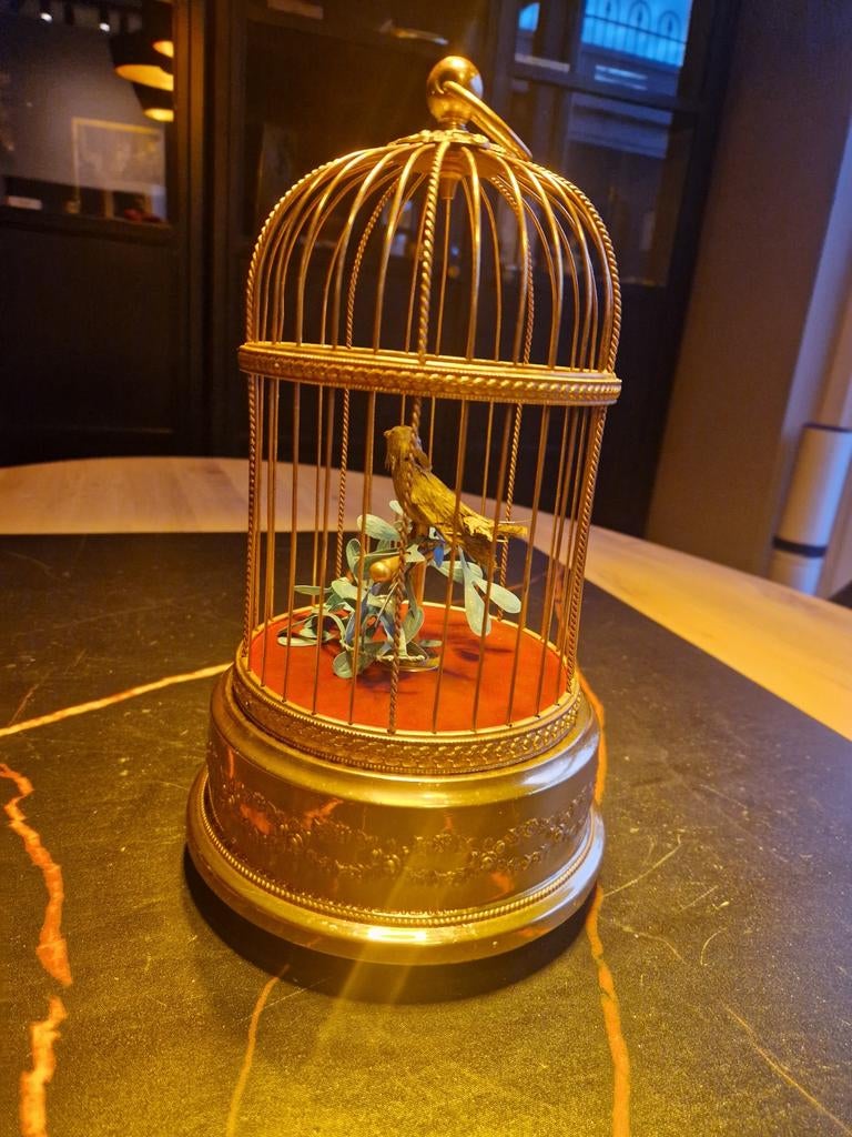 Antieke reuge vogelkooi met mechanische vogel, Ophalen of Verzenden
