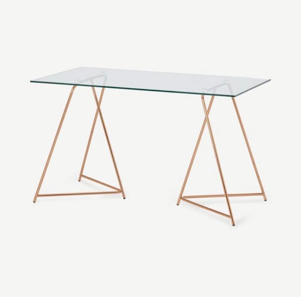 Glazen bureau met koperen poten - Zo goed als nieuw, Huis en Inrichting, Bureaus, Ophalen, Zo goed als nieuw, Goud, Glas