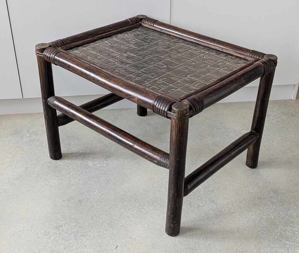 Jaren 70 Manou Bamboe Bijzet- tafeltje., Minder dan 55 cm, Rond, Glas, Ophalen