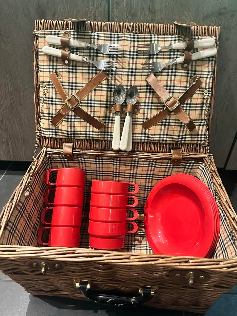 Vintage Picknickmand met Coppia Melamine Servies Jaren '70/', Ophalen of Verzenden, Gebruikt