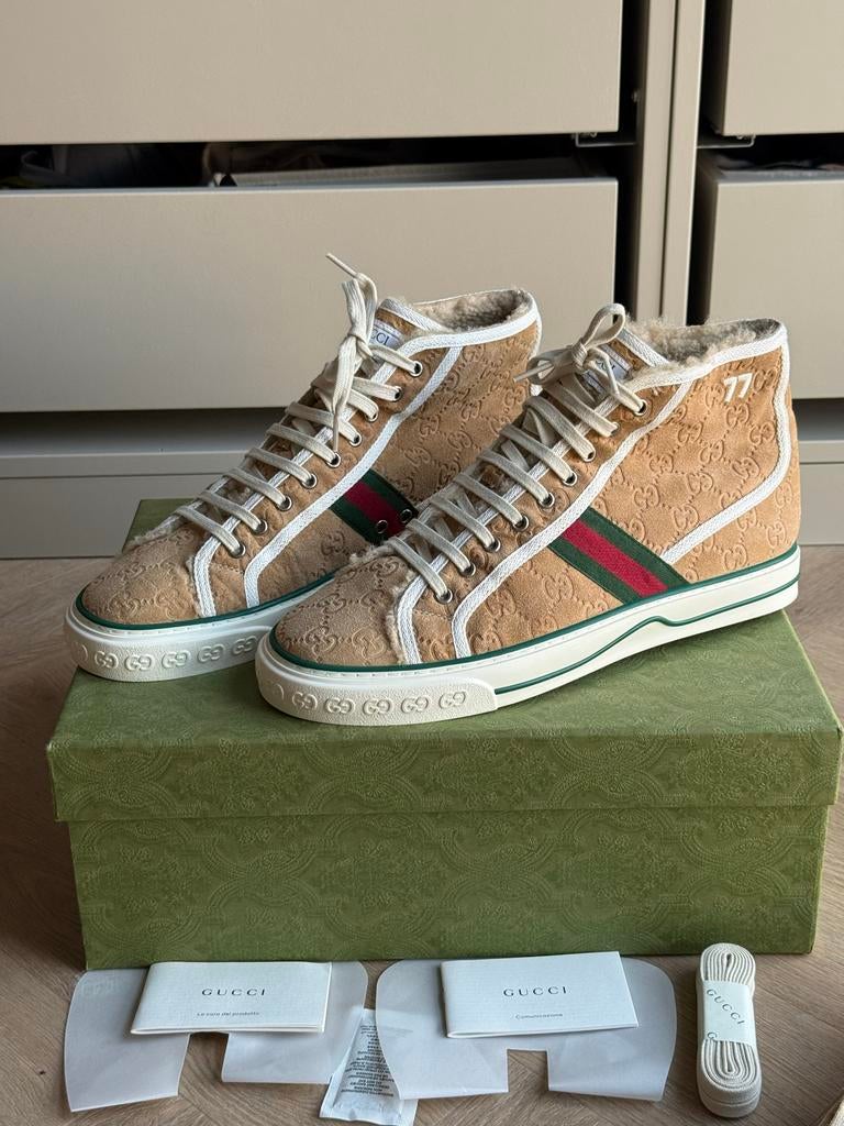 Gucci High Top Sneakers - Beige met GG-patroon, Overige kleuren, Ophalen of Verzenden, Sneakers of Gympen, Zo goed als nieuw