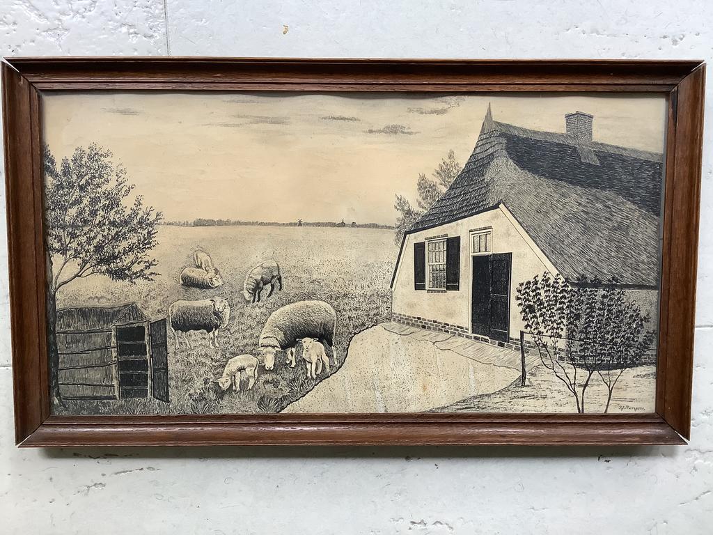 Oude pentekening pen tekening P.J. Bongers 45 bij 25.5 cm, Ophalen of Verzenden