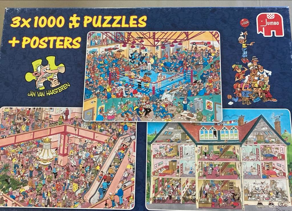 Jan van Haasteren 3x1000 Puzzels + Posters, Ophalen of Verzenden, Meer dan 1500 stukjes, Zo goed als nieuw, Legpuzzel