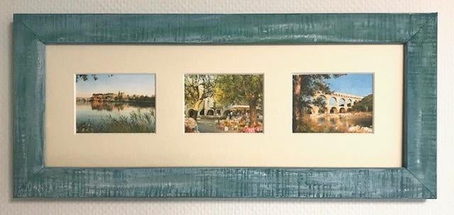 Drie ingelijste afbeeldingen van Avignon in turquoise lijst, Ophalen of Verzenden, Zo goed als nieuw