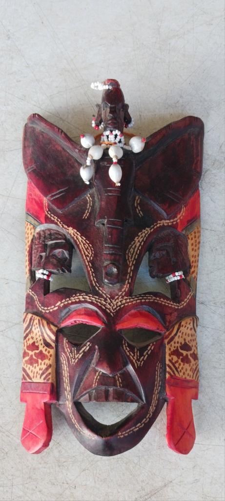 HOUTEN HANDGESNEDEN MASKER AFRIKAANS MET OLIFANTEN KOP 24 CM, Ophalen of Verzenden