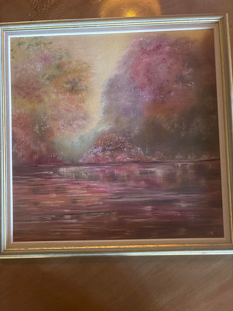 Schilderij: Abstract Landschap met Water en Bomen, Antiek en Kunst, Kunst | Schilderijen | Klassiek, Ophalen of Verzenden