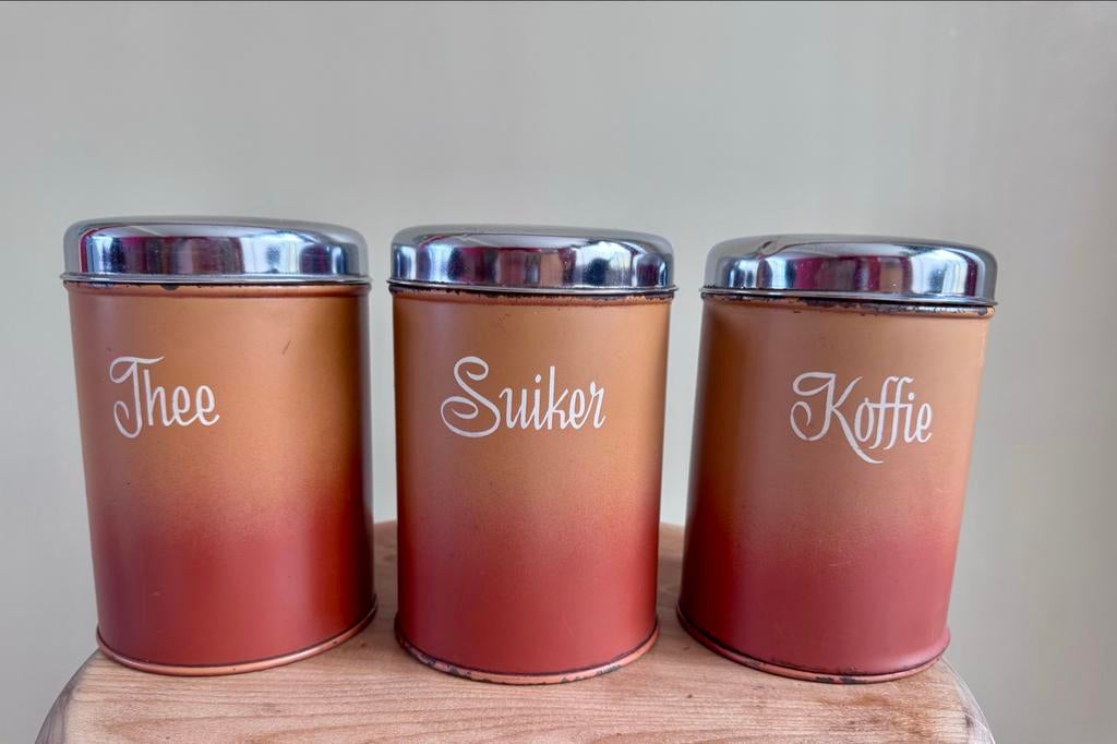 Vintage Brabantia bussen Thee, Koffie, Suiker oranje, Antiek en Kunst, Ophalen of Verzenden