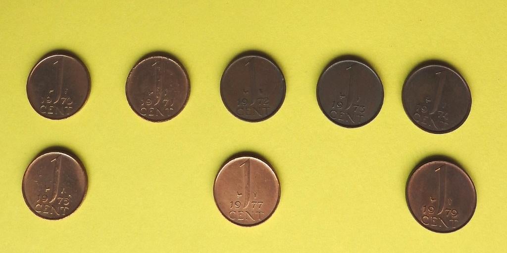 8 centen jaren 1970, Postzegels en Munten, Verzenden, Koningin Juliana, 1 cent, Setje