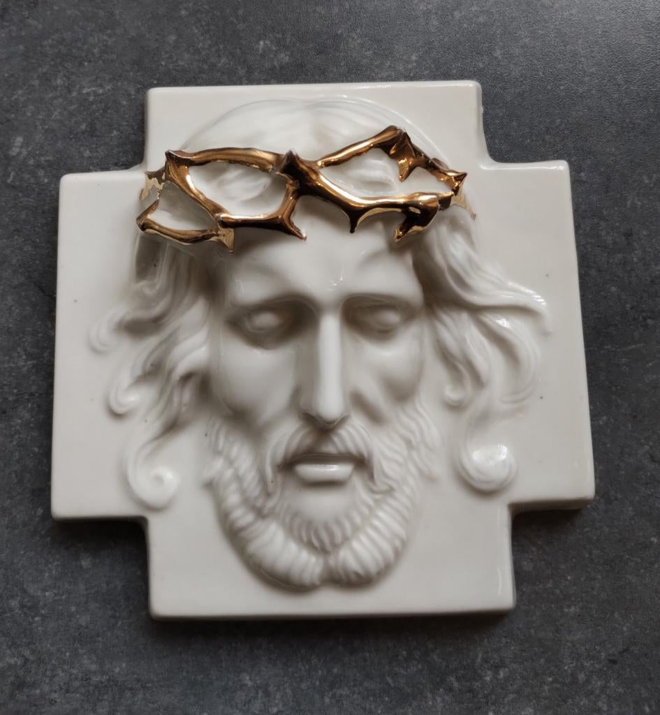 Wandobject; tegeltje Jezus met gouden doornenkroon, Ophalen of Verzenden
