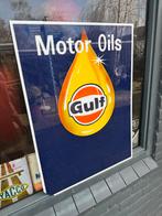 Vintage Gulf Motor Oils Reclamebord - Emaille Look, Gebruikt, ., Lichtbak of (neon) lamp, Ophalen of Verzenden