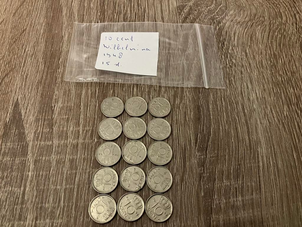 10 cent gulden 1948 jaar 15 stuks., Postzegels en Munten, Munten | Nederland, Ophalen of Verzenden, Koningin Wilhelmina, 10 cent