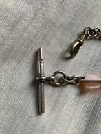 Antieke zilver horlogeketting met T-bar en rozenkwarts kraal, Overige merken, Zakhorloge, Gebruikt, T