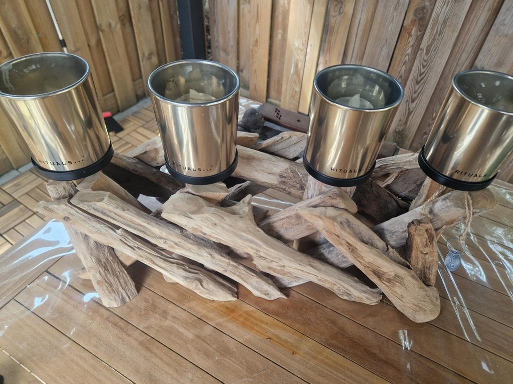Houten kandelaar met 4 houders riverdale, Huis en Inrichting, Ophalen of Verzenden, Metaal, Minder dan 25 cm